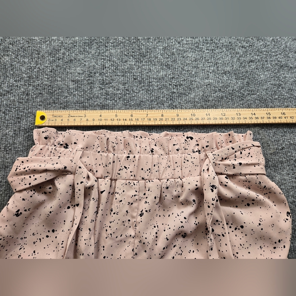 ENTRO Soft Pink Black Splatter Print Wide Leg Paper Bag Belted Palazzo Pants - Picture 3 of 15